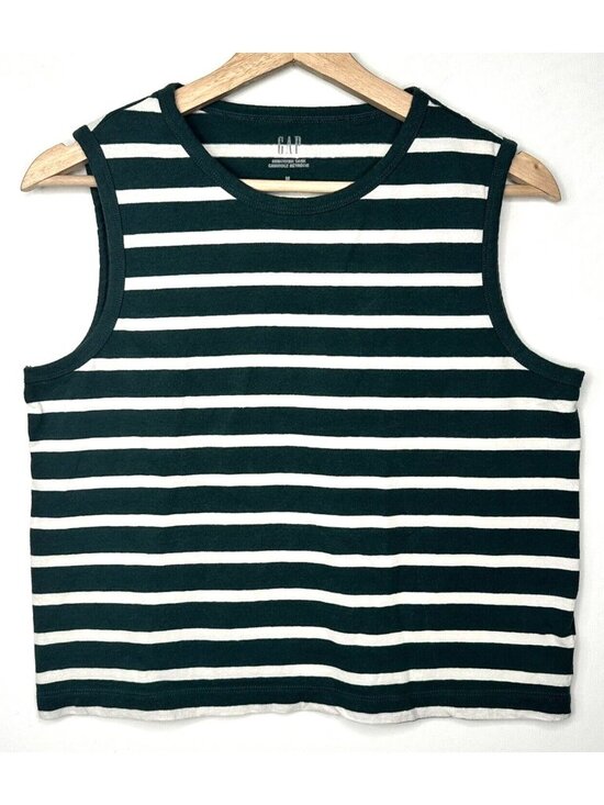 GAP Tops - Gap Shrunken Tank Top Womens M Green White Stripe Cropped Sleeveless Cotton